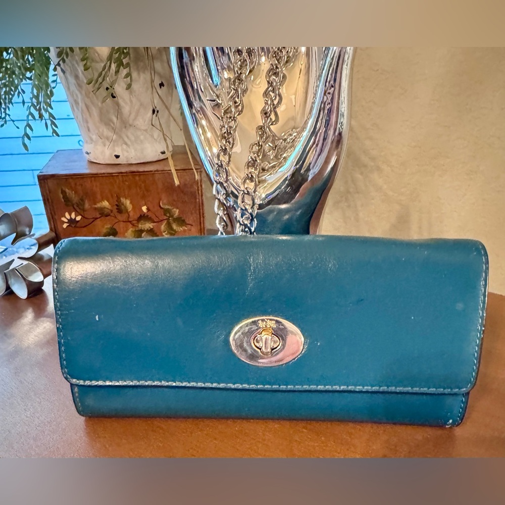Coach Chic Teal Leather Clutch with Chain Strap